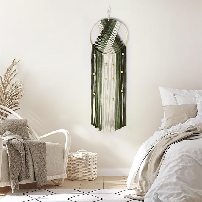 LB Boho Macrame Wall Hanging - Green and Beige Handmade Cotton Woven Decor, Modern Geometric Bohemian Tapestry Wall Decor for Bedroom Living Room Home (31.5"x9.84") Nature-Inspired Room Decor