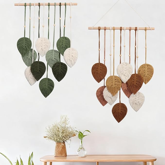 VEELAM Macrame Wall Hanging Leaf Decor Small Boho Art Tapestry for Living Room Bedroom Decoration, Brown