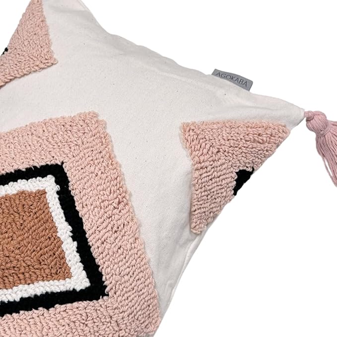 Pink Bohemain Decorative Lumbar Throw Pillow Covers 12x20 Inch - Geometric Moroccan Tufted Cushion Covers with Tassels | Boho Decor for Bed Living Room | Dusty Rose & Cream Textured (Set of 1 B)