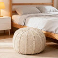Round Pouf Ottoman, 18" Bordeaux Knitted Cotton Woven Round Pouf, Handmade Woven Bean Bag for Living Room, Floor Bag for Bedrooms, Home, Offices, Sofa Footrest (Beige)