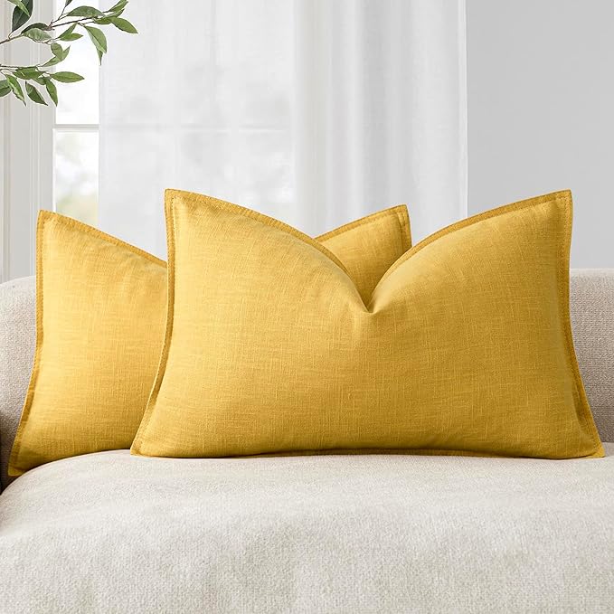 Foindtower Pack of 2, Decorative Linen Soild Throw Pillow Covers Accent Lumbar Cushion Case Boho Farmhouse Pillowcase for Chair Couch Sofa Bedroom Living Room Home Decor 12 x 20 Inch Ginger Yellow