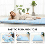 Japanese Floor Mattress, 3.5" Thicken Floral Pattern Portable Futon Mattress, 100% High-Density Foam Tatami Mat Sleeping Pad for Camping Guest Room Dormitory RV, Light Blue, Twin