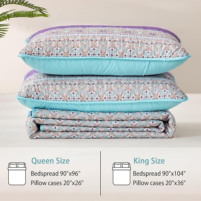 Xruibed Boho Quilt Set Queen,Purple Teal Bohemian Quilt Coverlet 3PCs Soft Microfiber Lightweight Bedspread with 2 Pillowcases for All Season (Queen Size 90"x96")