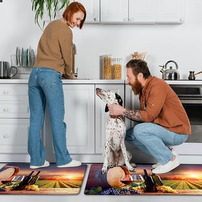 MAYHMYO Grape Wine Kitchen Mat Set of 2 - Anti Fatigue Mats for Kitchen Floor - Non Slip Cushioned Rugs for Standing (17.3"×29"+17.3"×47"-0.4")
