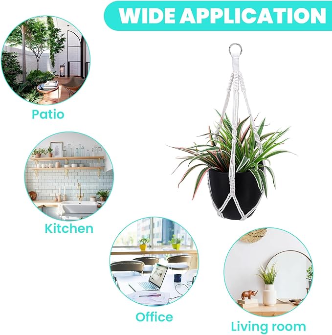 Macrame Plant Hanger Boho Hanging Planters Basket Rope for Indoor Plants Decorative Braided Cotton Rope Flower Pot Holder with Metal Hook Rings for Outdoor Home Decor, Ivory, 22 in