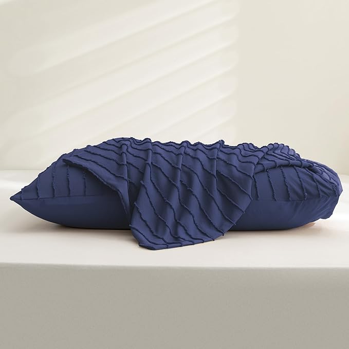 JELLYMONI Pillowcases Standard Size Navy Blue 2 Pack Boho Striped Bed Pillow Covers 20x26in Polyester Envelope Pillow Shams Tufted Bohemian Textured (Pillows are not Included)