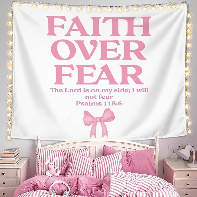 LIANGW Coquette Pink Bow Christian Tapestry Aesthetic, Coquette Preppy Room Decor for Teen Girls & Women, Wall Tapestry for Bedroom, Cute Bible Verses Tapestries Wall Hanging 50x60 inche