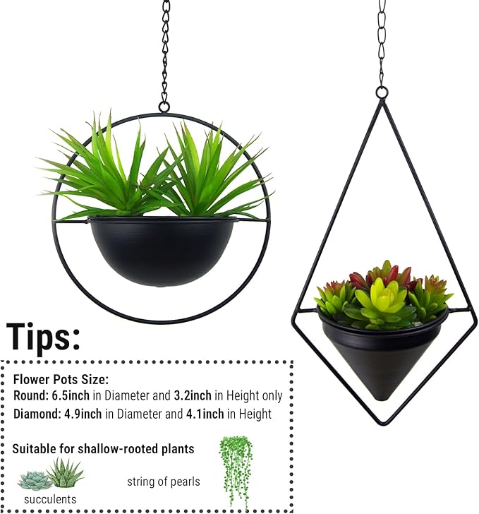 Metal Hanging Planters Set of 2 Modern Indoor Plant Hanger with Round and Diamond Pots, Geometric Small Wall and Ceiling Hanging Plant Holders for Succulents and Herbs, Black Finish
