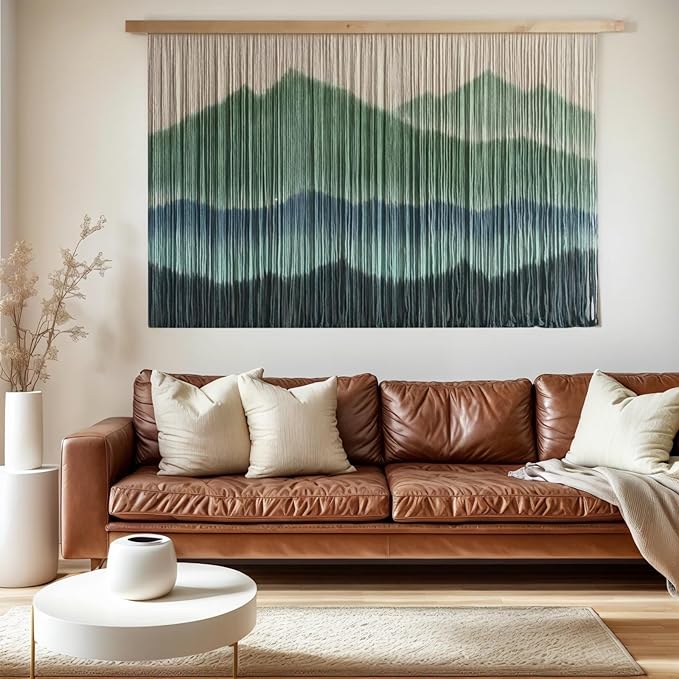 Sdjazl Woven Boho Macrame Wall Hanging Home Decor Tapestry Dip-Dyed Large Modern Handmade Colorful Mountain Landspace for Living room (green)