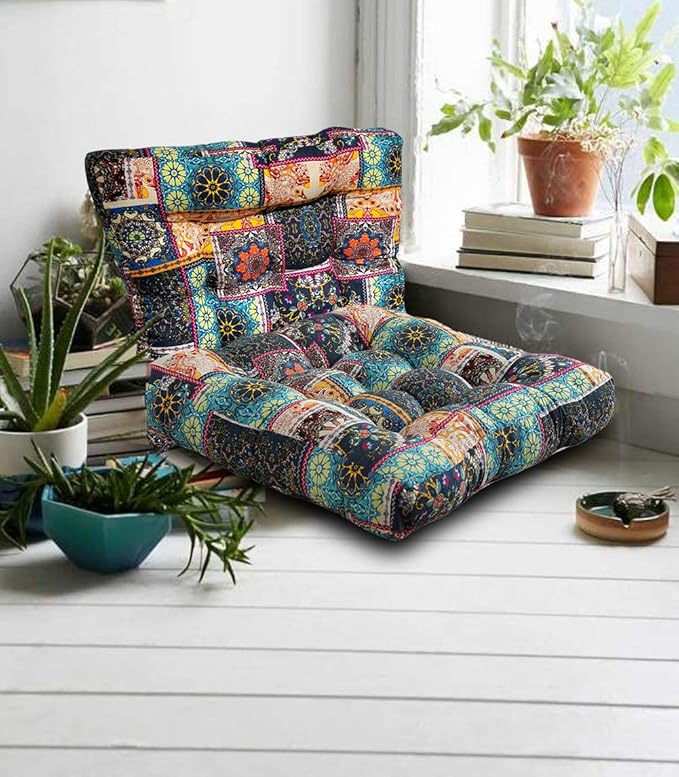 Boho Square Floor Seat Pillows Cushions 22" x 22", Soft Cotton Linen Bohemian Yoga Mandala Meditation Pouf Tatami Floor Pillow Cushion for Living Room Adults & Kids Casual Reading Nooks,Flowers Beige