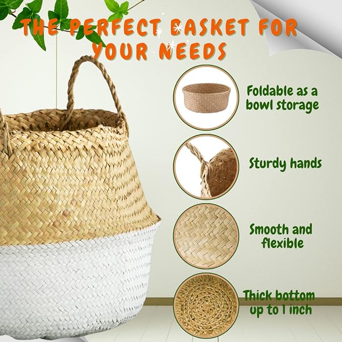 LiloCraft 2 Pack Seagrass Plant Basket XX Large (16x15inches) - TheMulti-Functional Home Decor Storage Solution with Eco-Friendly, Woven Basket Planter Indoor with Handles, Round Boho Plant Po