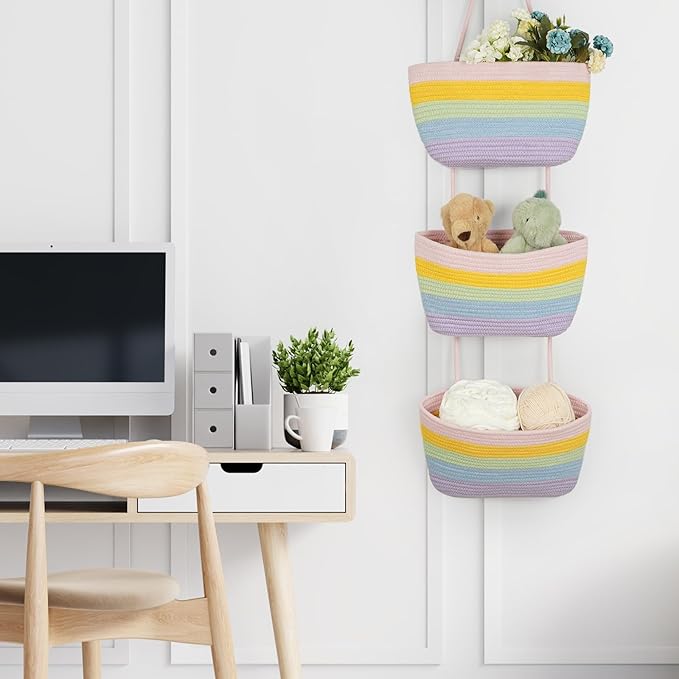 TeoKJ Over the Door Organizer, 3-Tier Woven Cotton Hanging Storage Baskets, Wall-Mounted Baskets for Nursery Organization, Rainbow