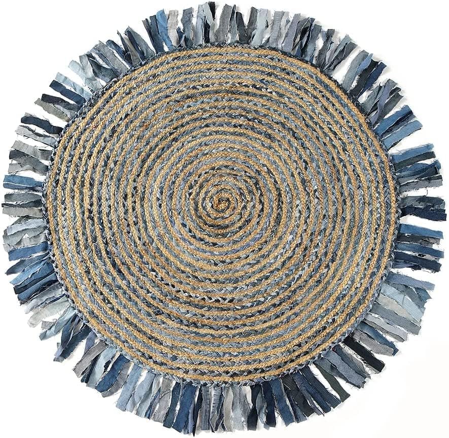 GRUHUM Jute Area Rug 6ft Round Natural Fiber Cotton Denim Blue Fringe Handmade Boho Soft Braided Rutic Vintage Eco Friendly Rug- Indoor Outdoor Kitchen Bedroom Living Hallways Enterways (6'ft Circle) - color: Denim Blue & Natural - 32, size: 6' (Round)