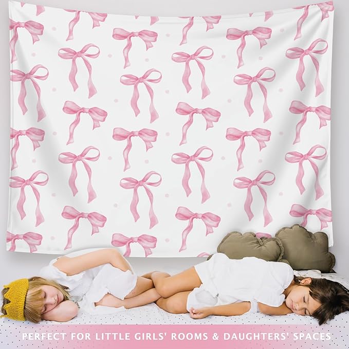 LIANGW Coquette Pink Bow Tapestry Wall Hanging, Coquette Preppy Room Decor, Pink Girly Aesthetic Wall Blanket Decor for Girls Room Dorm Apartment, 50x60 Inch