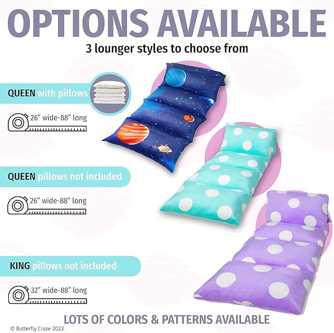 Butterfly Craze Floor Pillow Case - Cozy Reading Chair & Lounger - Versatile Seat & Floor Bed - Portable Cushion & Sleeping Pad - Queen, Mermaid Aqua