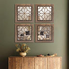 Set of 4 Boho Wall Mirrors with Carved Floral Design, 12x12 Inch Rustic Farmhouse Accent Mirrors, Vintage Style Shatterproof Square Mirror Decor for Living Room, Bedroom(Redbrown)