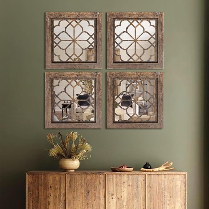 Set of 4 Boho Wall Mirrors with Carved Floral Design, 12x12 Inch Rustic Farmhouse Accent Mirrors, Vintage Style Shatterproof Square Mirror Decor for Living Room, Bedroom(Redbrown)