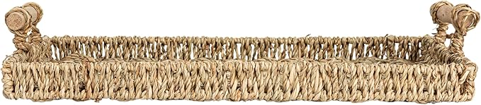 Household Essentials Handwoven Seagrass Rectangular Tray Set with Wood Handles, Natural, Set of 2