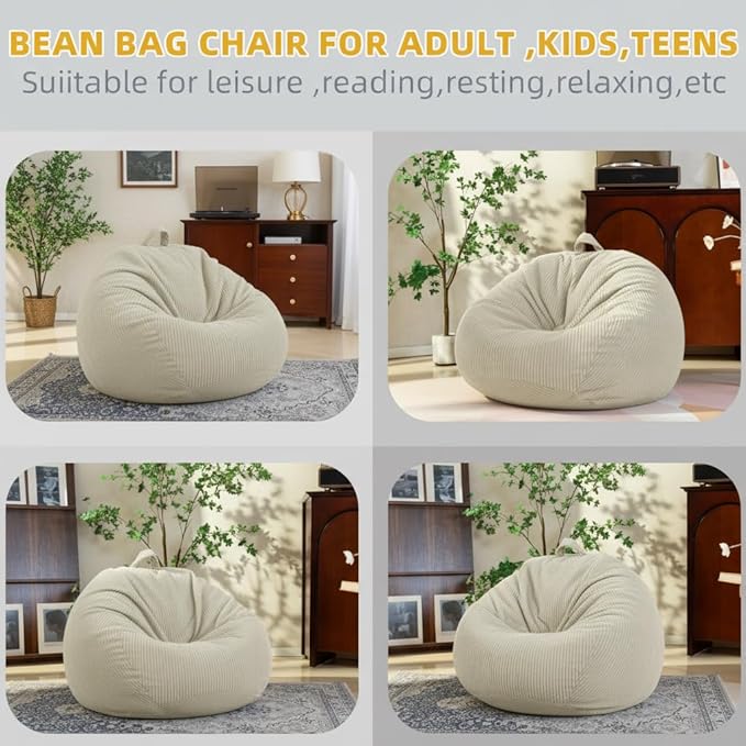 Stuffed Animal Storage Bean Bag Chair Cover, Cover Only (No Filler), Corduroy Toy Organizer Floor Cushion Seat, 48 in/120 cm Slipcover for Teens & Adults, White