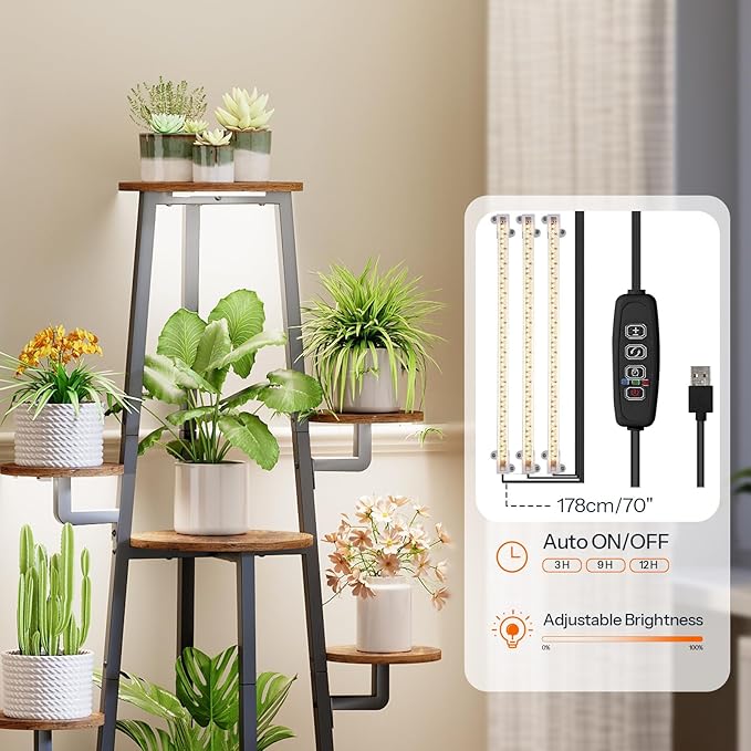 HOOBRO Plant Stand Indoor with Grow Lights, 7-Tier Plant Shelf for Multiple Indoor Plants, 47.2” Corner Plant Stand Organizer with Metal Frame, for Living Room, Balcony, Patio, Rustic Brown BF04DHJ01