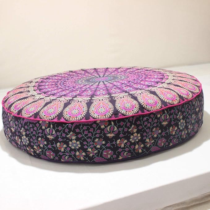 Indian Mandala Cotton Handmade Round Floor Pillow Comfortable Car Bed Sofa Decor Large Round Cushion Cover Bohemian Meditation Pillow Case Ottoman Pouf Cover Pet Dog Bed