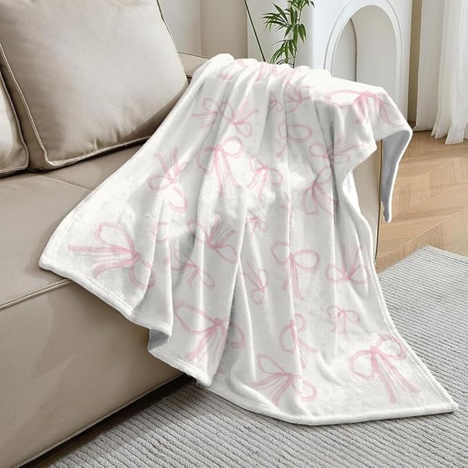 Pink Bows Blankets Preppy Coquette Room Decor Electric Blanket Pink Girls Bedroom Decor Bow Throw Blanket Coquette Girly Blanket Gifts for Women Teens Soft Flannel Lightweight 70"x80"