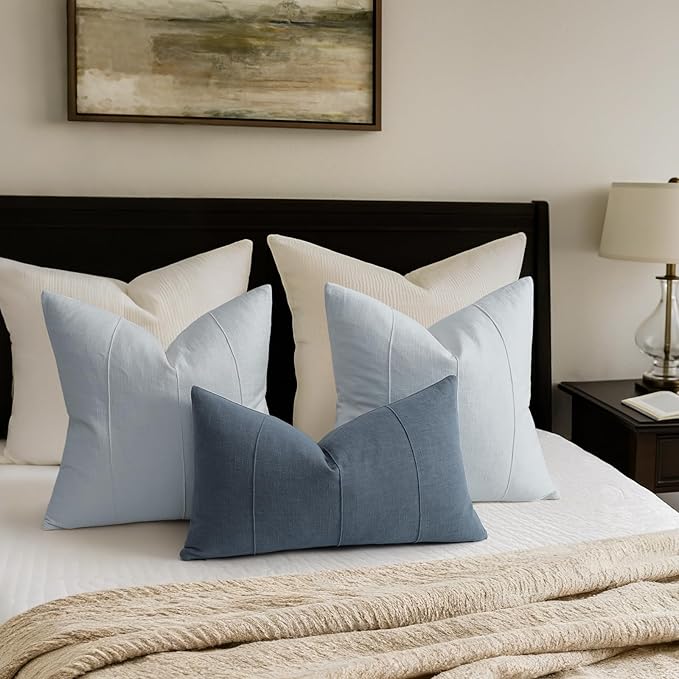 ZWJD Decorative Linen Throw Pillow Covers 16x16 Set of 2 Solid Handcrafted Striped Cushion Covers for Bed Soft Modern Farmhouse Neutral Pillowcase for Couch Bedroom Living Room Home Decor(Sky Blue)