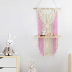 HVEST Pink Macrame Wall Hanging Shelf Boho Wall Decor Floating Storage Book Shelf Pink and Beige Handmade Woven Tapestry for Bedroom Living Room Dorm Nursery Bathroom Wall Art Macrame Plant Hanger
