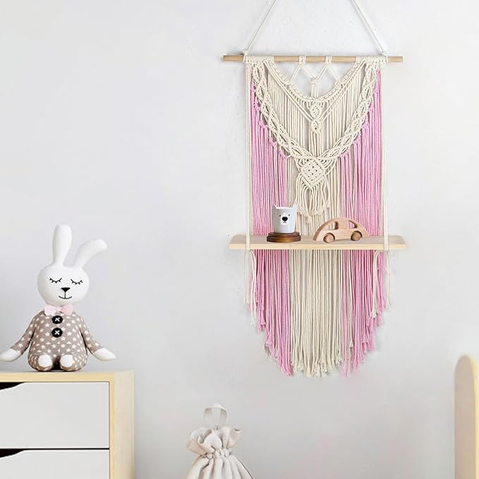 HVEST Pink Macrame Wall Hanging Shelf Boho Wall Decor Floating Storage Book Shelf Pink and Beige Handmade Woven Tapestry for Bedroom Living Room Dorm Nursery Bathroom Wall Art Macrame Plant Hanger