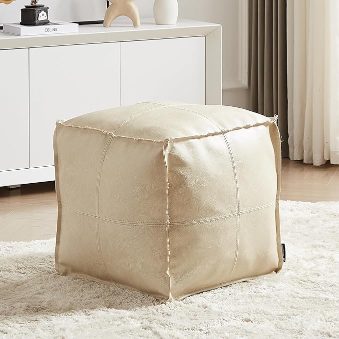 Louis Donné UNSTUFFED Leather Pouf Ottoman Cover, Handmade Faux PU Footstool Pouffe Ottomans Cover,17.7" Grey White Foot Rest for Living Room, Floor Chair for Christmas Decorations Gift(ONLY Cover)