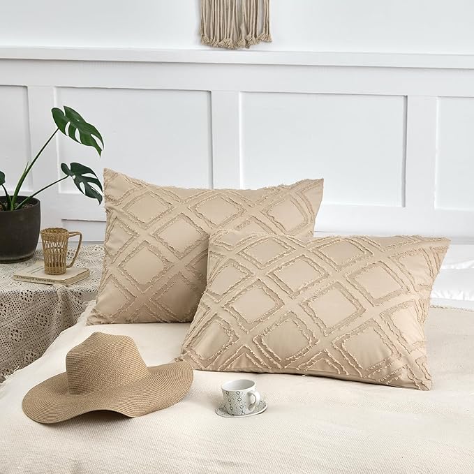 Standard Pillow Shams 2 Pack, Standard Size Pillowcases, Soft Microfiber Geometric Boho Pillow Covers with Envelope Closure, Camel, 20x26 Inches (No Insert)