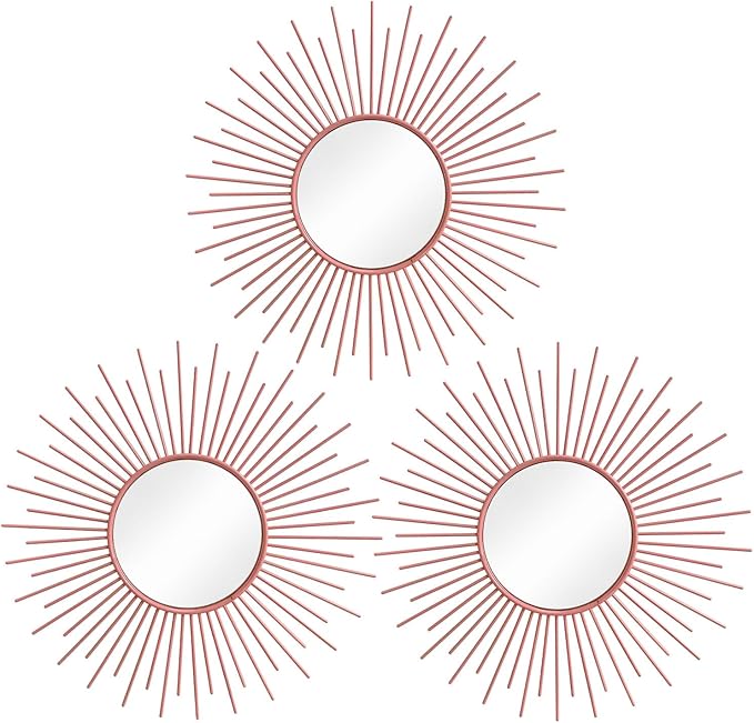 3 Pack Metal Mirrors for Wall Sunburst Wall Mirrors Home Décor Decorative Hanging Wall Art for Living Room Bedroom Entryway (Pink, Sunburst)