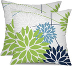 Green and Dark Light Blue Floral Pillow Covers 18x18 Set of 2 Outdoor Pillows Covers Waterproof Summer Pillowcovers Polyester Cushion Case Decor for Couch Patio Funiture Garden Porch 01U18