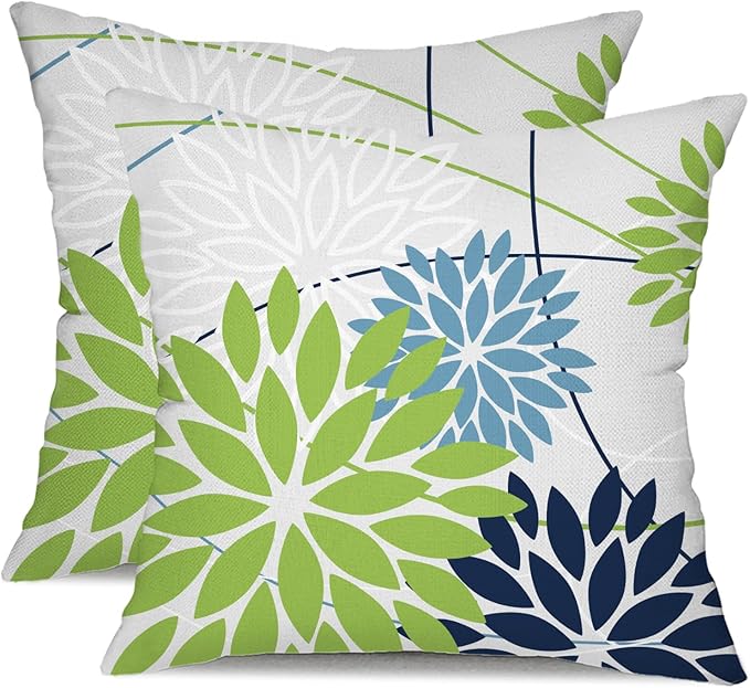 DFXSZ Green and Dark Light Blue Floral Pillow Covers 20x20 Set of 2 Outdoor Pillows Covers Waterproof Summer Pillowcovers Polyester Cushion Case Decor for Couch Patio Funiture Garden Porch 01U20