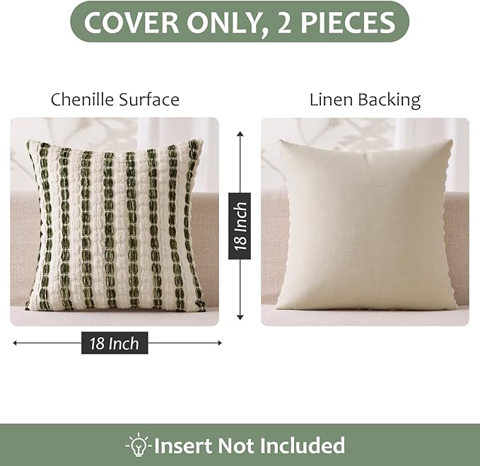 ANRODUO Boho Chenille Pillow Covers with Textured Tufted Stripes 18x18 Inch Set of 2 Woven Decorative Cushion Case Farmhouse Accent Neutral Pillowcase for Couch Sofa Bed Living Room Decor, Green White