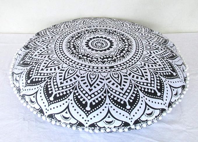 ICC 32 Inch Floor Pillows & Cushions covers Decorative Hippie Mandala Pouf Pillow covers Bohemian Seating Meditation Cushion Cover Large Boho Ottoman Case Pillowcase for Couch Grey