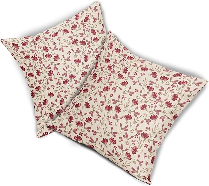 Brown Red Floral Pillow Covers 18x18 Set of 2 Vintage Rustic Old Style Cute Small Flower Print Decorative Outdoor Pillowcases Farmhouse Throw Cushion Case Decor for Couch Sofa Bed
