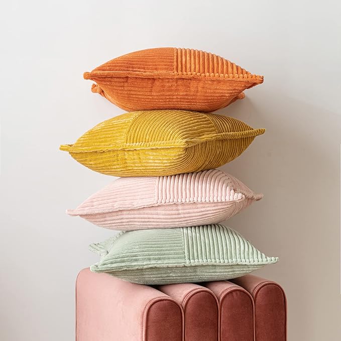 MIULEE Spring Decorative Throw Pillow Covers for Couch Bed Livingroom 18x18 Inch Set of 2 Sage Green Boho Accent Throw Pllows Broadside Striped Patchwork Soft Corduroy Pillowcases