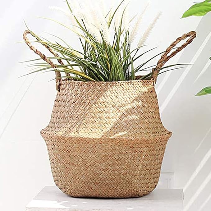 Casaphoria Woven Seagrass Belly Basket for Storage Plant Pot Indoor,Decorative Sturdy and Durable Natural Material Sea Grass Baskets with Handles,Seaweed Round Basket for Organizing(Large)
