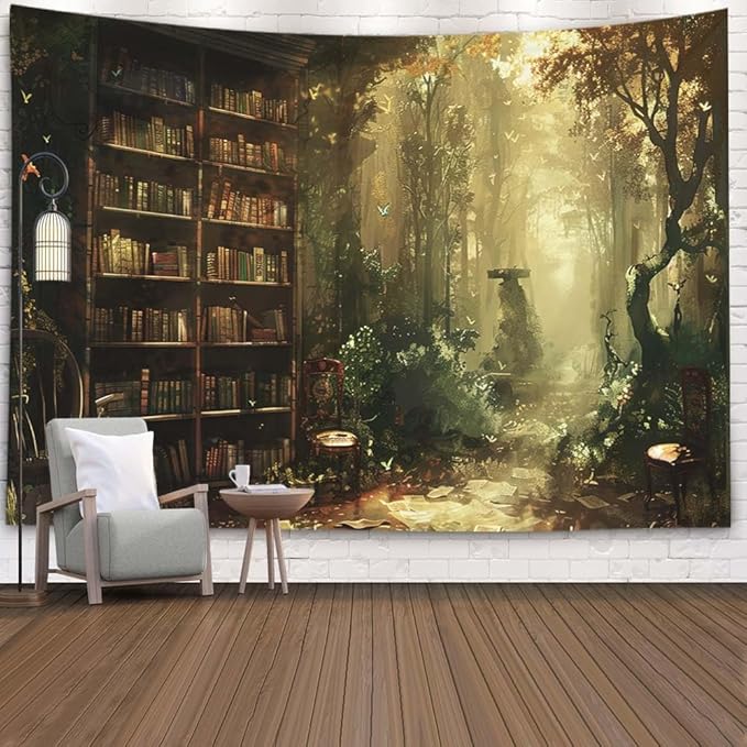 EMMTEEY Enchanting Forest Wall Tapestry for Living Room 60X50 Inch - Library Bookshelf Room Wall Decor Medieval Dark Academia Backdrop for Students Women