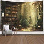 EMMTEEY Enchanting Forest Small Tapestry 60X40 Inch - Library Bookshelf Home Decor Medieval Dark Academia Backdrop for Students Women
