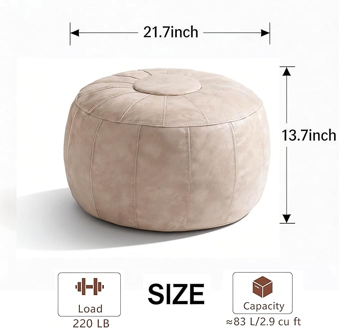 Thgonwid Unstuffed Moroccan Storage Pouf Foot Stool Ottoman Seat Handmade Faux Leather Bean Bag Floor Chair Foot Rest for Living Room, Bedroom or Balcony (Mushroom)