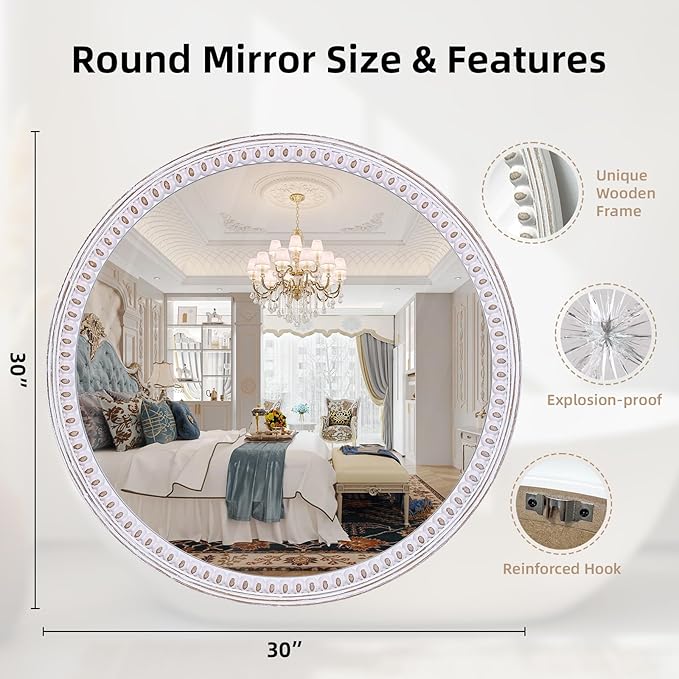 30 Inches Wooden Round Mirrors for Wall Decor, Rustic Farmhouse Circle Mirror for Bathroom Over Sink, Living Room, Entryway, Bedroom