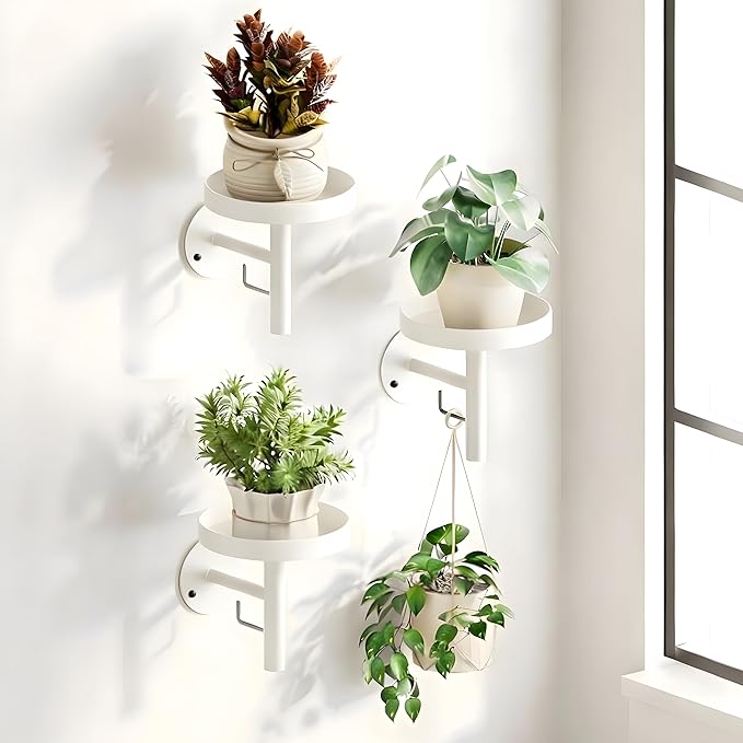 DELLAN Wall Plant Holder, 3 Pack Metal Wall Planters Stand Floating Shelves for Indoor Plants, Window Sill Plant Decor for Bedroom, Bathroom, Living Room, Home, Office, All White