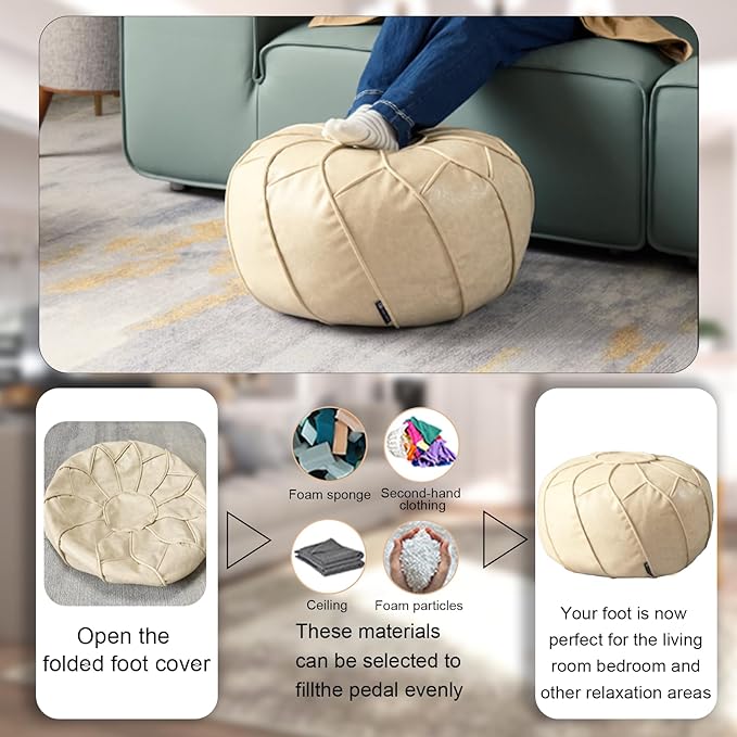 Louis Donné Unstuffed Pouf Ottoman Cover, Round Foot Stool for Poufudic Foot Rest, Storage Bean Bag Floor Chair Waterproof Faux Leather Pouffe Footstool for Living Room Fashion Design (White)