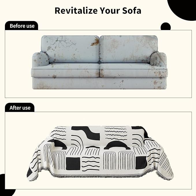 Boho Chenille Couch Cover with Tassels, Bohemian Sofa Cover for 3 Cushion Couch, L-Shaped Sectional, Loveseat, 2/3/4 Seater (71" x 102", Black)