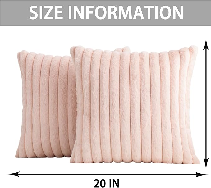 Pack of 2 Faux Fur Christmas Throw Pillow Covers 20x20 Inch, Soft Plush Striped Neutral Couch Pillow Cover, with Velvet Back Modern Home Decor for Sofa Living Room Couch Bed Light Pink