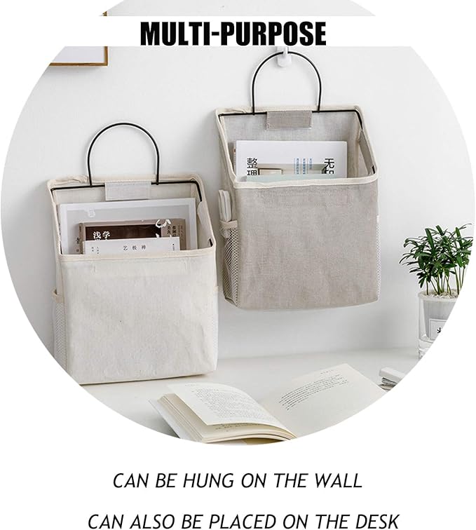 Wall-Hanging Storage Bags, Desktop Organizer Basket Cotton Linen Hanging Storage Basket for Kitchen,Bderoom,Living Room (#2 White)