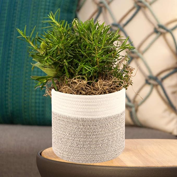 Cotton Rope Plant Basket Modern Woven Basket Pot Indoor Planter Up to 8 Inch Pot Storage Organizer Basket Rustic Home Décor (8.5''x8.5'', Grey&White)