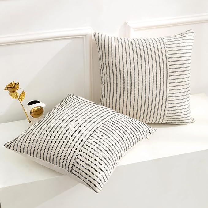 YCOLL Farmhouse Pillow Covers 22x22, Modern Accent Square Throw Pillow Covers Set of 2, Black and Beige Striped Patchwork Linen Decorative Pillows Cushion Covers for Couch Chair Bedroom Home Decor